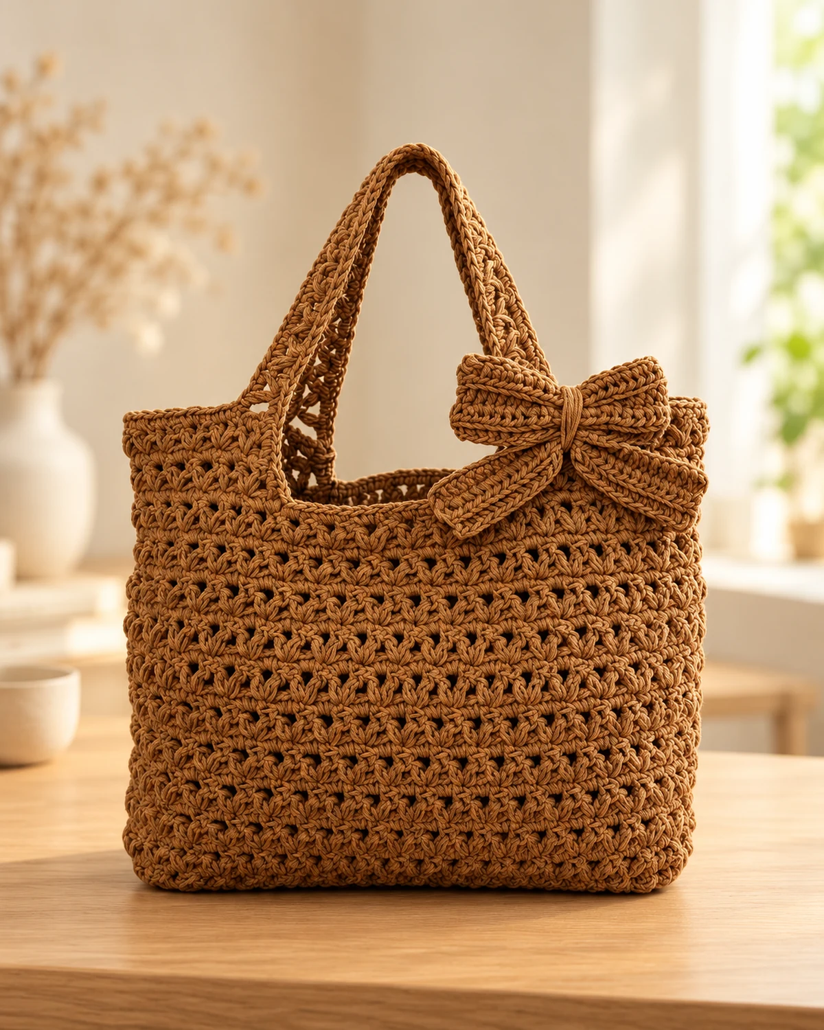 ÉLORA | Caramel Crochet Bow Tote